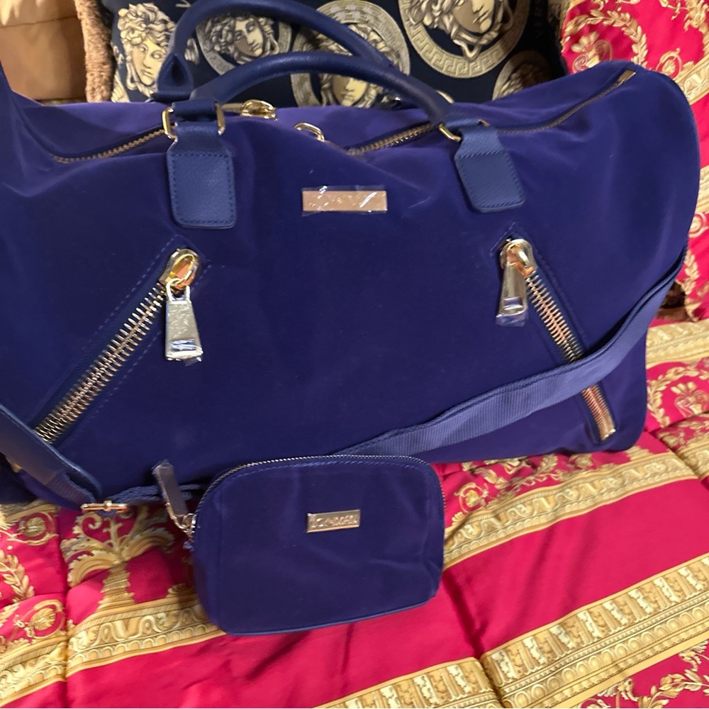 Joy & Iman Luxe Velvet Leather Blue Women's Duffel Bag New